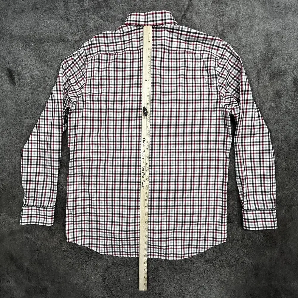 Banana Republic Men L Camden Fit Non-Iron Red Gray Black Herringbone Plaid Shirt